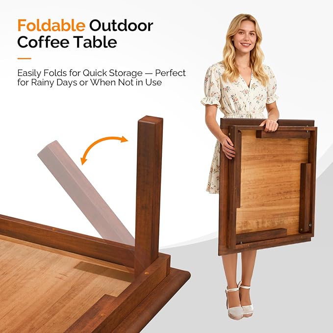 VINGLI Outdoor Folding Coffee Table, Natural Poplar Wood Patio Coffee Table, No Assembly Required, Ideal for Balcony, Porch, and Living Room, Square, Natural