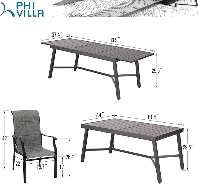 PHI VILLA 9 PCS Patio Dining Set, Outdoor Table and Chair Set with 8 Padded High Back Dining Chair, 1 Extandable Metal Table for Outside, Poolside