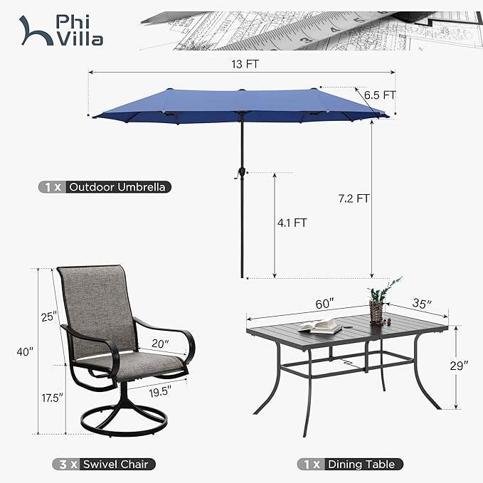 PHI VILLA 8 Piece Patio Dining Set with 13ft Patio Umbrella (Haze Blue), 6 Outdoor Swivel Dining Chairs with Round Base & 1 Large Metal Dining Table with 1.9" Umbrella Hole, for Lawn Garden Backyard