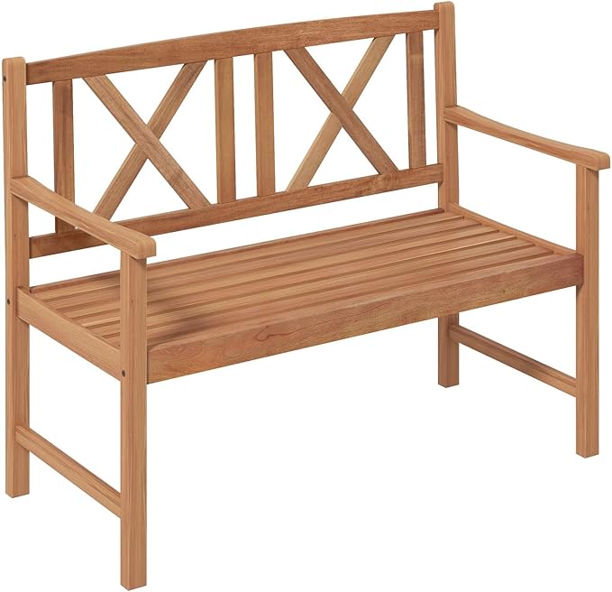 COSTWAY Outdoor Wooden Bench, Outdoor Acacia Wood Loveseat with Curved Armrest & Backrest, Sturdy Wood Bench for Garden, Park & Porch, 47.5"x 22" x 34”