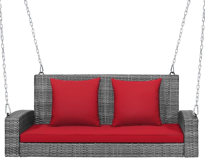 RELAX4LIFE 2-Person Porch Swing Bench - PE Rattan Outdoor Swing Chair with Comfortable Seat & Back Cushions, Rustproof Metal Chains, Patio Loveseat Swing for Balcony, Garden, Yard, 800 LBS (Red)