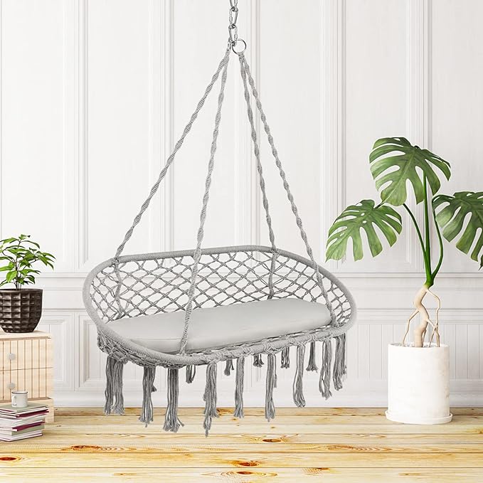 Giantex 2-Seat Hammock Chair, Macrame Swing with Cushion, Hanging Cotton Ropes, Metal Frame, Hanging Chair with 440 Lbs Capacity for Hammock Stand, Living Room, Patio, Balcony, Backyard (Gray)