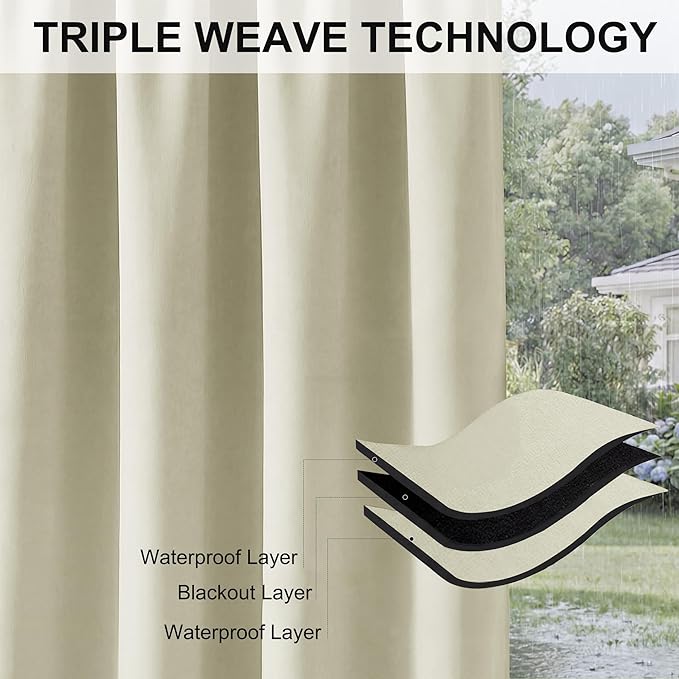 RYB HOME Extra Wide Outdoor Curtains for Patio Waterproof Heavy Duty Thermal Insulated in Summer Full Coverage Privacy for Porch, Cabana & Pool, W150 x L84, Beige, 1 Panel