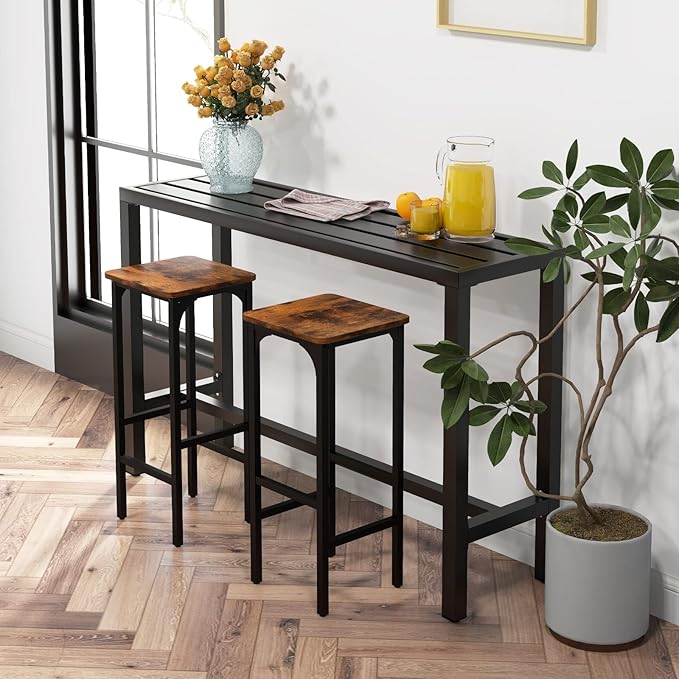 COSTWAY Outdoor Bar Table 55-inch Wide, Narrow Counter Height Dining Table with Waterproof Top and Heavy-Duty Metal Frame, Rectangular Pub Table for Garden Patio Backyard Poolside, Black