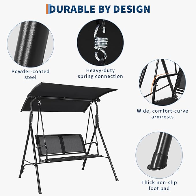 2-Seat Outdoor Patio Porch Swing with Stand, Waterproof Textilene & Adjustable Canopy, Steel Frame Swing Outdoor Chair for Backyard, Front Porch, Lawn, Garden