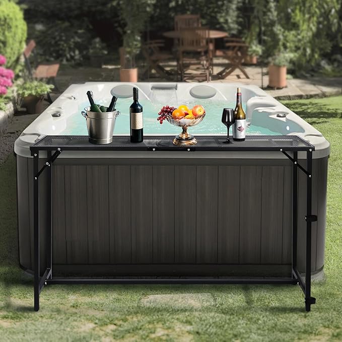 REDCAMP 55 Inch Outdoor Bar Table, Folding Paito Bar Height Hot Tub Table with Waterproof Mesh Top for Balcony, Garden, Poolside, Indoor, Rectangle Black