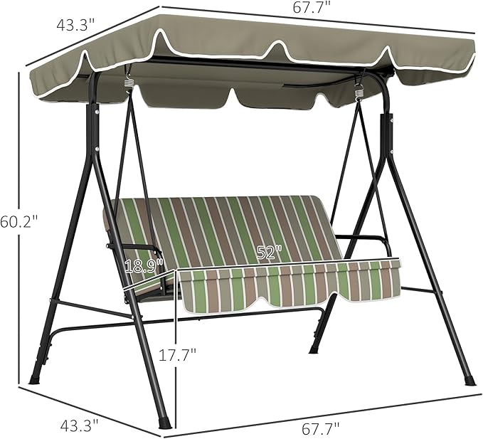 Outsunny 3-Seat Outdoor Patio Swing Chair with Removable Cushion, Steel Frame Stand and Adjustable Tilt Canopy for Patio, Garden, Poolside, Balcony, Backyard, Beige & Green