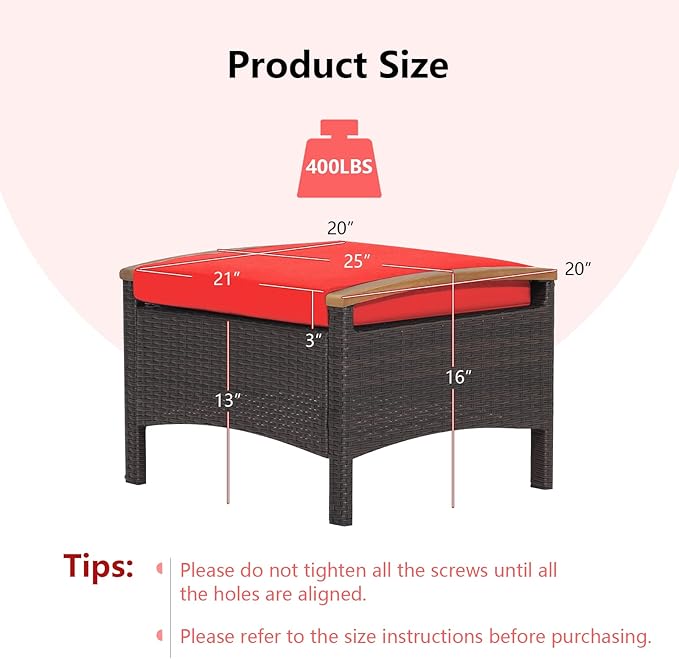 RELAX4LIFE Outdoor Wicker Ottomans for Patio - 2 Pieces PE Rattan Ottoman, Footrest Seat with Zippered Cushions, Acacia Wood Handles, 3-in-1 Footstool, Side Table for Poolside, Backyard (Red)