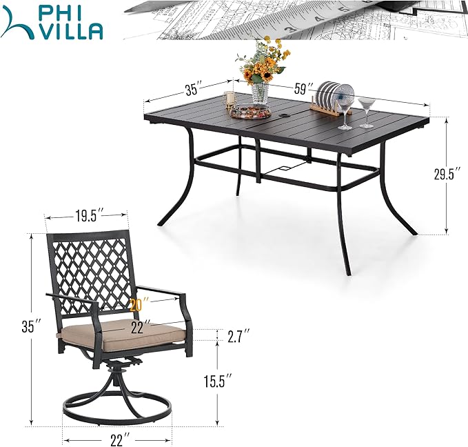 PHI VILLA 7 Pieces Outdoor Dining Set for 6, 59" Rectangle Metal Steel Table with Umbrella Hole & Swivel Wrought Iron Chairs with Cushions, Outside Furniture Set for Patio, Deck, Yard, Porch