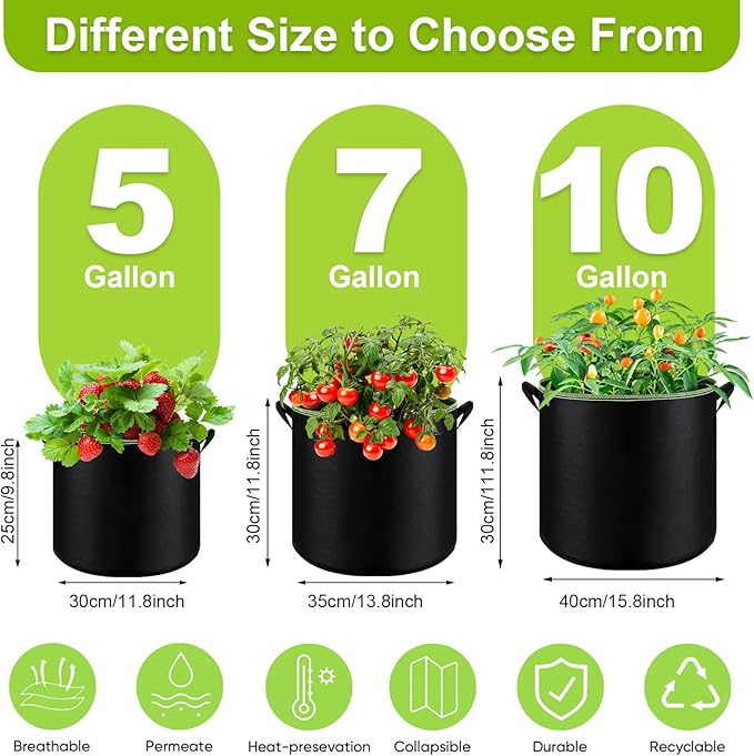 6-Pack 5/7/10 Gallon Grow Bags - 300G Heavy Duty Aeration Fabric Pots with Handles,Thickened Nonwoven Planter Bags for Vegetables Flowers Fruits
