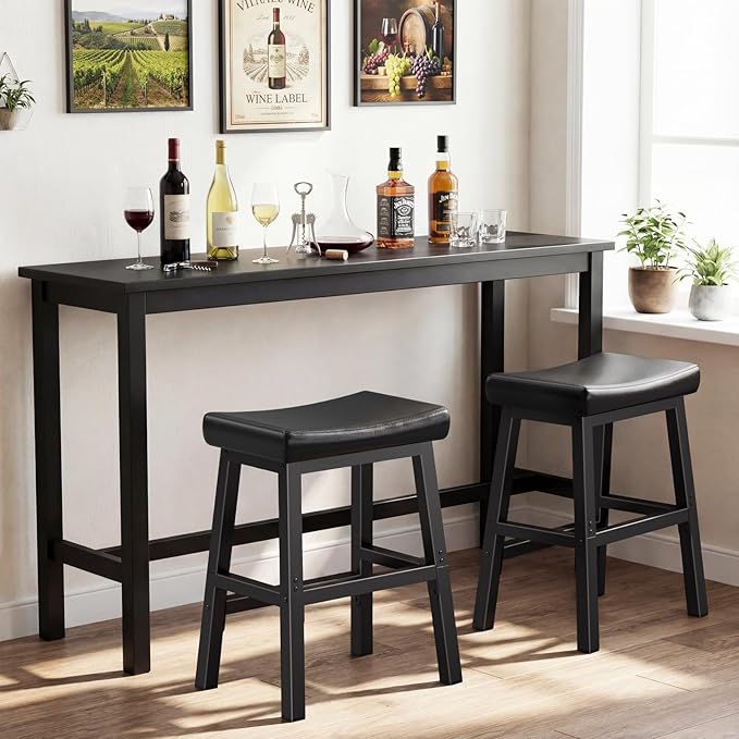 24 Inch Bar Stools Set of 2 for Kitchen Island, Kitchen Chairs Counter Height Stools with Footrest, Black Saddle Leather Barstools Heavy Duty for Dining Table Farmhouse Outdoor