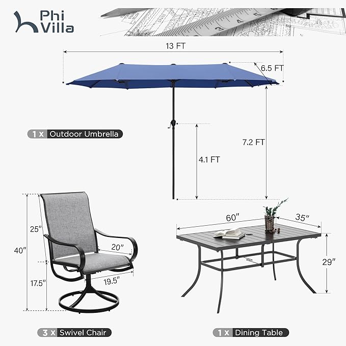 PHI VILLA 8 PCS Patio Dining Set with 13ft Haze Blue Patio Table Umbrella for 6, 1 Rectangle Metal Table and 6 Outdoor Swivel Patio Chairs, Garden Dining Fruniture Set for Lawn Deck(No Umbrella Base)