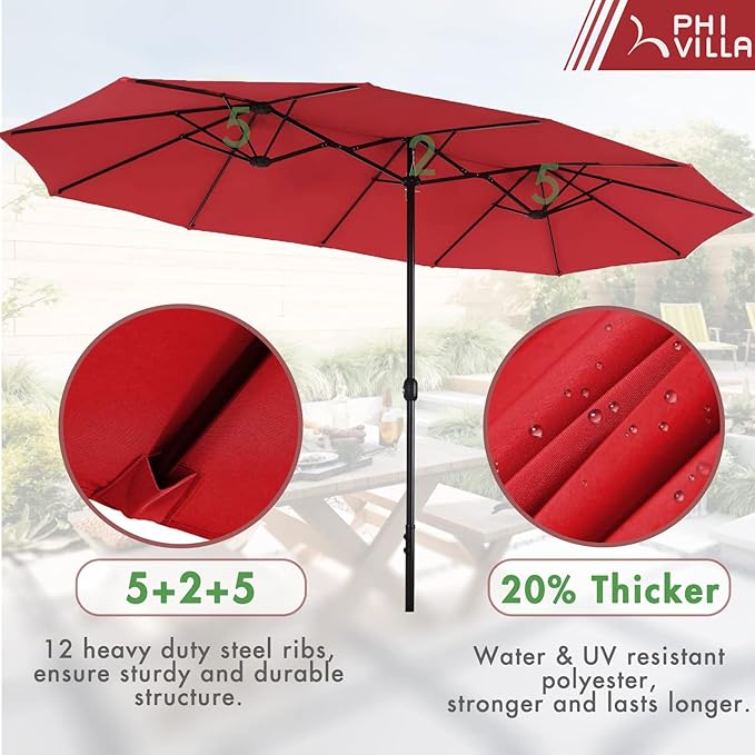 PHI VILLA 7 Piece Patio Dining Set with Umbrella, 60” Rectangular Metal Dining Table & 6 Stackable Metal Chairs & 13ft Large Red Umbrella for Outdoor, Deck, Yard, Porch