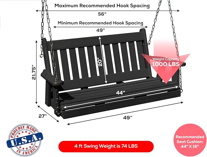 Poly Lumber Wood 4FT Mission Porch Swing Amish Craftsmandship Made in USA HDPE with No Wood fibers 1000 lbs Limit. Stainless Steel Hardware.Signature Design for Patio Outdoor Backyard Garden Park