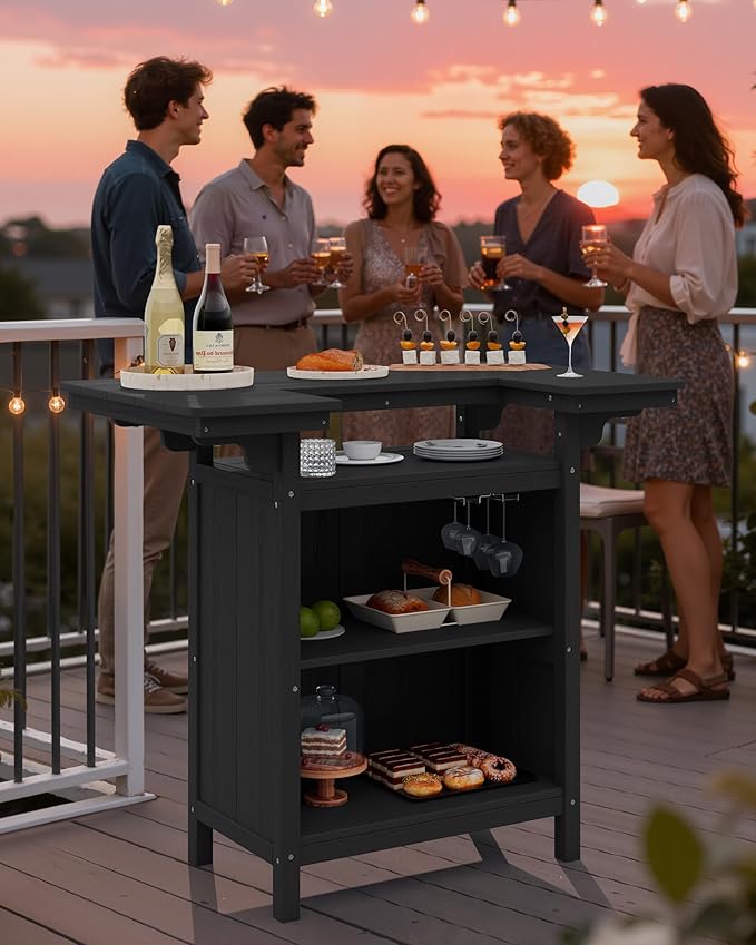 SERWALL Outdoor Bar Table,Patio Bar Cabinet with 4-Tier Storage and Spacious Tabletop for Outside,Poolside, Backyard,Made of HDPE,Black