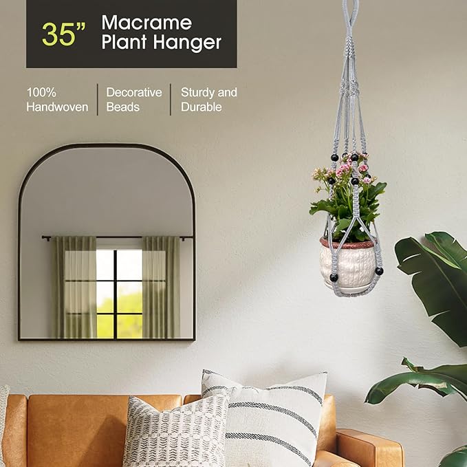 Macrame Plant Hanger for 5 to 10 Inch Plant Pots, Set of 2 Indoor Handmade 35 Inch Woven Rope Hanger Kits with Hooks and Wood Beads, Hanging Planter Basket Holder for Boho Home Decor (White, 2 Pack)