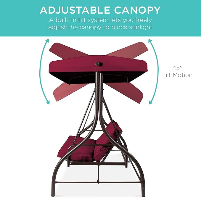 Best Choice Products 3-Seat Outdoor Large Converting Canopy Swing Glider, Patio Hammock Lounge Chair for Porch, Backyard w/Flatbed, Adjustable Shade, Removable Cushions - Burgundy
