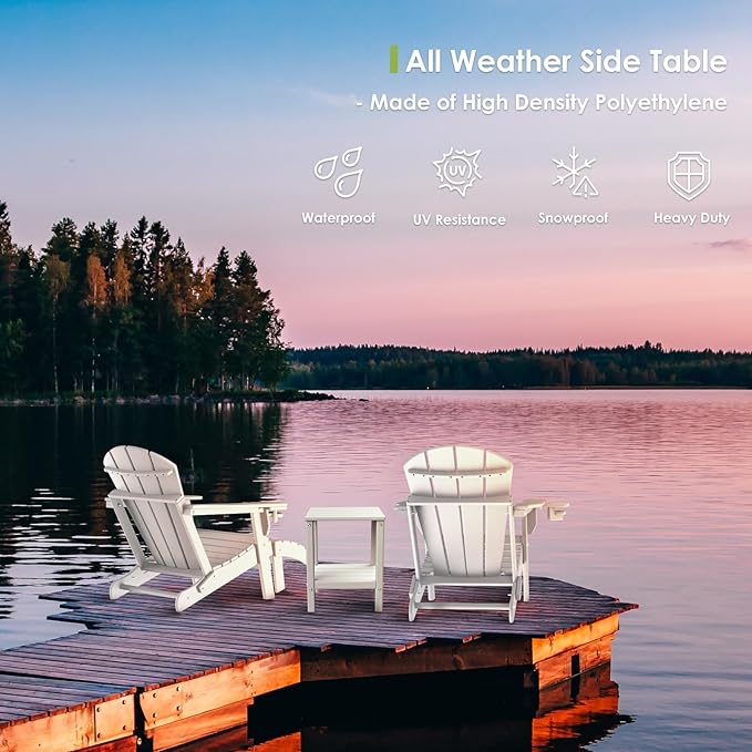 GREENVINES Adirondack-Outdoor-Side-Table | Set of 4 | 14 x 13 Inches | HDPE Plastic | All Weather | White | Outside End Tables | Storage Shelf | for Patio Porch Backyard Indoor