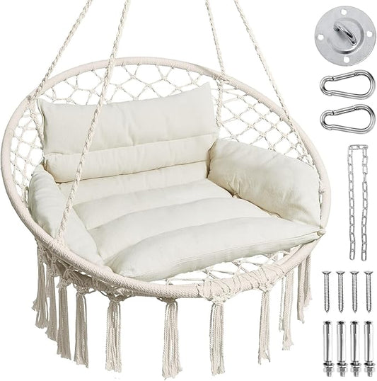 Greenstell Hammock Chair, Macrame Swing Chair with Comfy Cushion, Boho Hanging Chair for Outdoor & Indoor, Perfect for Bedroom, Patio, Balcony, Hold up to 350Lbs, Beige