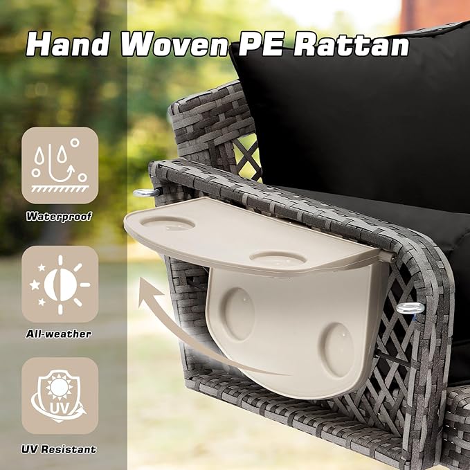 Grepatio Wicker Hanging Porch Swing - Outdoor 3 Person Patio Swing Bench with Cushion & Chains - 3-Seat Porch Swing Chair with Cup Holder for Garden, Yard, Lawn (Black Grey Rattan)