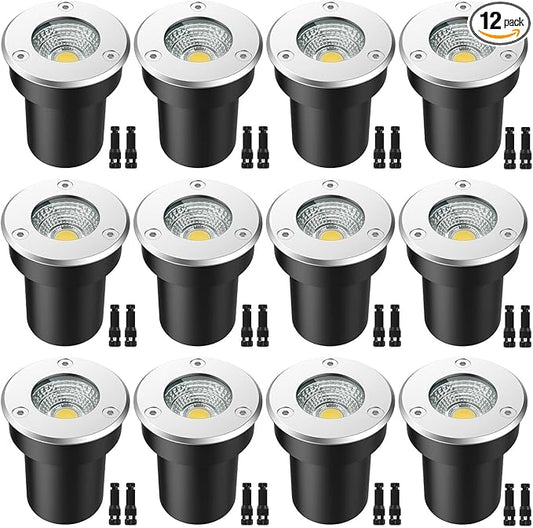 LED Landscape Lights, 12 Pack 7W Ground Lights With 24 Connectors, Low Voltage In-Ground Well Pathway Lighting, Daylight White, Waterproof for Driveway, Deck, Garden