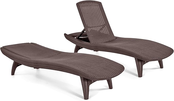 Keter Set of 2 Pacific Sun Lounge Chair Outdoor Chaise Pool Chairs with Resin Rattan Look and Adjustable Back