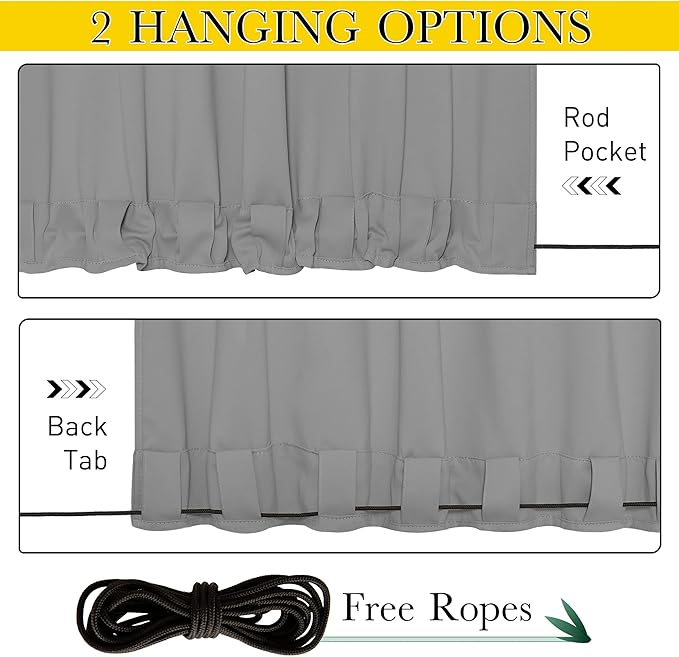 NICETOWN 2 Panels Outdoor Curtains for Patio Waterproof & Windproof, Grommet & Back Tab on Top & Bottom Weighted Drapes Keep Sun/Rain Out with Bouns Rope for Garage, Silver Grey, W84 x L108