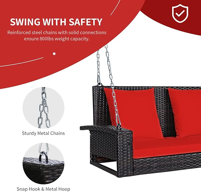 RELAX4LIFE Porch Swing 2-Seat Patio Rattan, Wicker Porch Swings Outdoor W/Two 7.9 Ft Solid Steel Chain, Comfortable Back & Seat Cushions, for Front Porch, Garden, Backyard Patio Swing (Red)