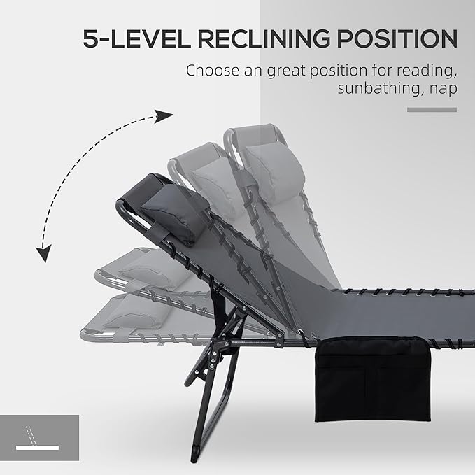 Outsunny 2 Piece Folding Chaise Lounge with 5-Level Reclining Back, Tanning Chair with Face Hole, Outdoor Lounge Chair with Side Pocket & Headrest for Beach, Yard, Patio, Gray