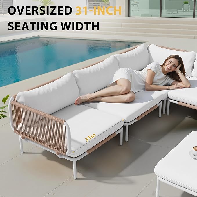 Patio Furniture Set, Outdoor Patio Furniture 31" Oversized Metal Patio Sectional Sofa, 2-Seat Conversation Set with Cushion, Beige