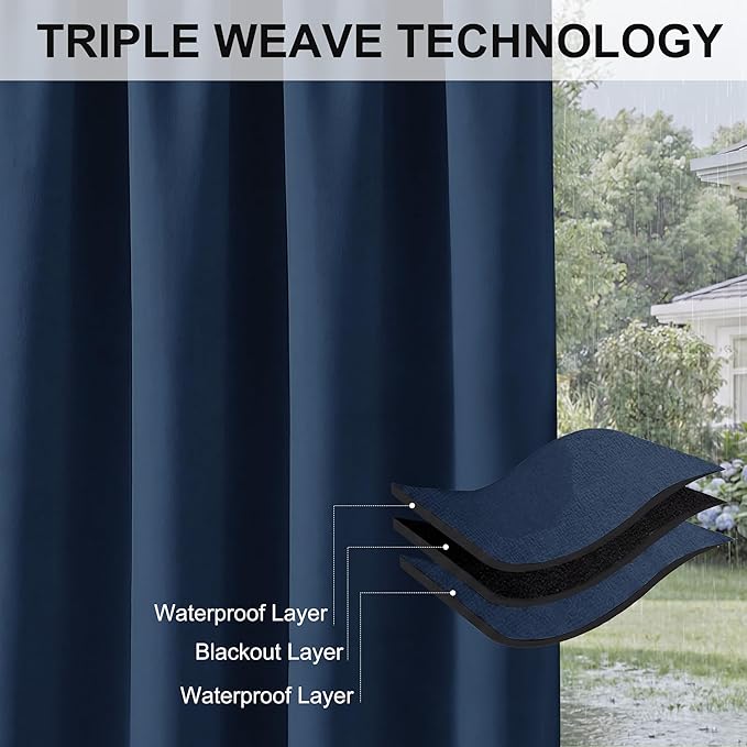 RYB HOME Extra Wide Outdoor Curtains for Patio Waterproof Heavy Duty Thermal Insulated in Summer Full Coverage Privacy for Porch, Gazebo & Pergola, W100 x L84, Navy Blue, 1 Panel