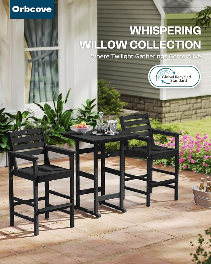 Patio Bar Table,Adirondack Chairs and Table 3 Pieces Set, Bar Height Chairs Set of 2 and Bar Table, Outdoor Bar Stools Set,Weather-Resistant Outdoor Furniture for Deck, Balcony, Poolside Easy Assembly