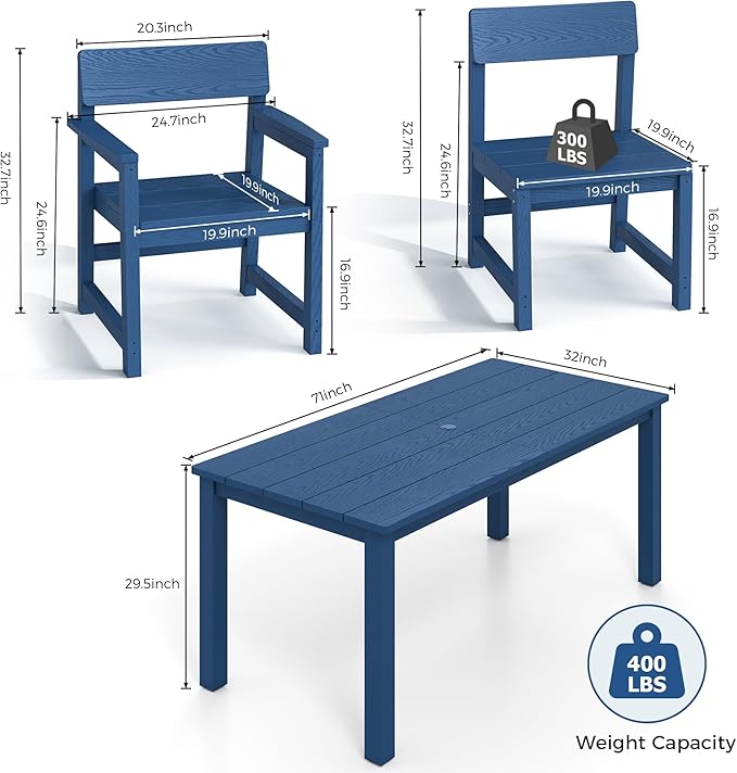 9 Piece Outdoor Dining Table Set for 8 HIPS Patio Dining Sets with Umbrella Hole Outdoor Furniture All Weather Patio Furniture Set for Outside Deck Backyard Poolside Garden, Deep Blue