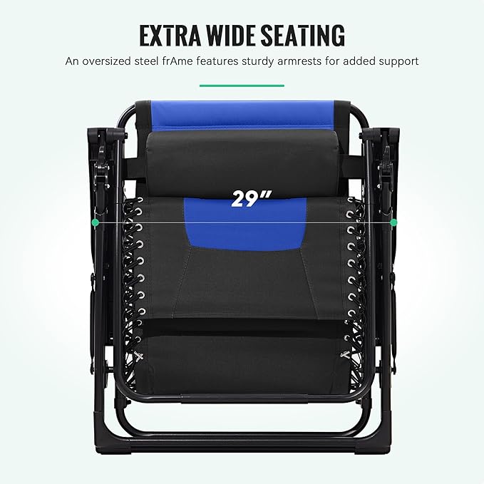 JEAREY Oversized Padded Zero Gravity Chairs Set of 2, Folding Lounge Chair Outdoor Patio Recliner, Anti Gravity Chair for Backyard with Headrest, Cup Holder, Side Tray, Polyester Mesh - Black/Blue