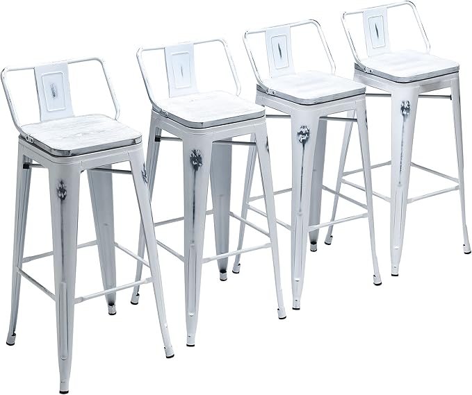 Yongchuang 26" Industrial Metal Barstools Set of 4 Counter Height Bar Stools with Back (Wood Top Low Back, Distressed White)