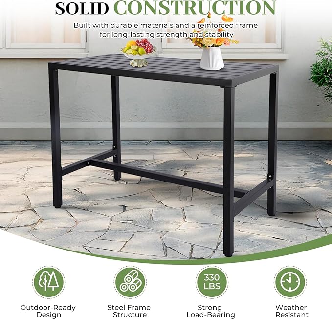 Outdoor Bar Table, Patio Counter Height Bar Table, 47" Rectangle Bar Table for Patio, Garden, Yard, Balcony, Poolside (Black, 47'')