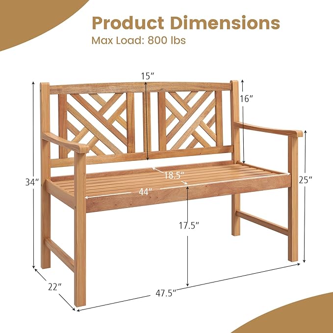 COSTWAY Outdoor Wooden Bench, Outdoor Acacia Wood Loveseat with Curved Armrest & Backrest, Sturdy Wood Bench for Garden, Park & Porch, 47.5"x 22" x 34”