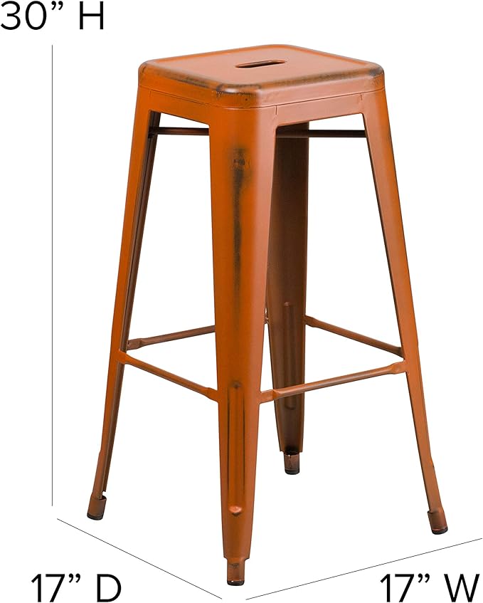 Flash Furniture Kai Commercial Grade 4 Pack 30" High Backless Distressed Orange Metal Indoor-Outdoor Barstool