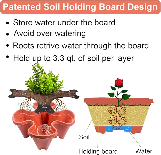 DUNCHATY Stackable Planters 5 Tier Vertical Garden Planting Tower Planters Strawberry, Herb, Flower, and Vegetable Planter Indoor Outdoor Gardening Pots with Removable Wheels and Tools