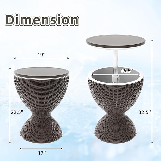 SHAREWIN Patio Cool Bar Table, Height-Adjustable Outdoor Bar Tables 8 Gallon Beer and Wine Cooler, 3-in-1 Rattan Style Ice Cooler with Drainage Plug for Pool Party (Grey)