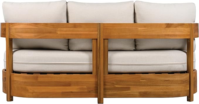 SAFAVIEH Outdoor Patio Furniture Collection - Kento Natural Wood 3-Seater Sofa with Taupe Cushions, Wide & Comfortable Deep Seating, Modern Design (PAT7098A)