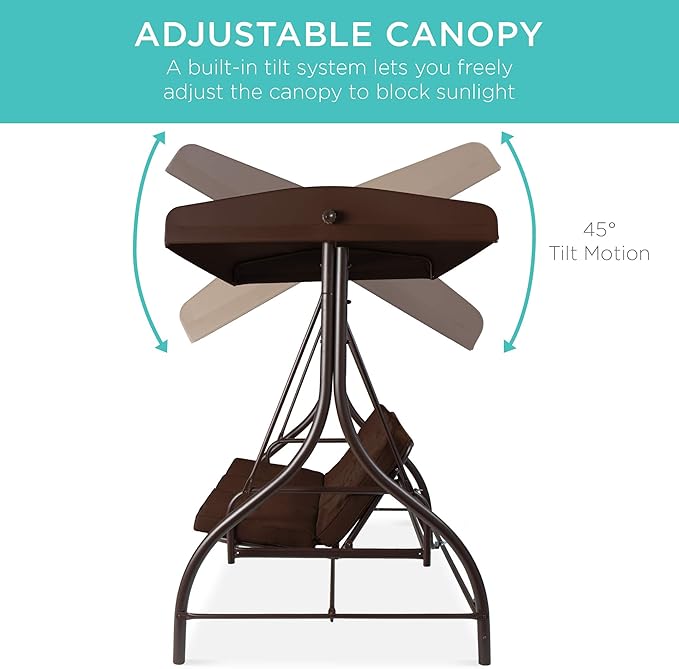 Best Choice Products 3-Seat Outdoor Large Converting Canopy Swing Glider, Patio Hammock Lounge Chair for Porch, Backyard w/Flatbed, Adjustable Shade, Removable Cushions - Brown