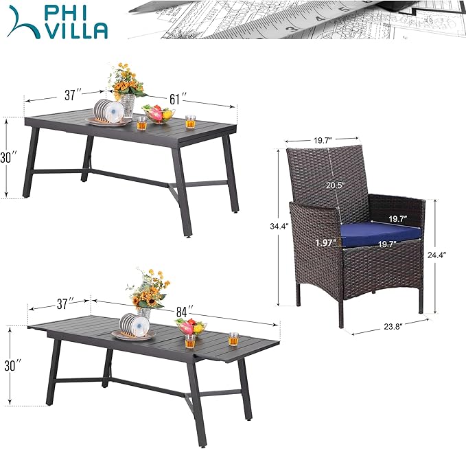 PHI VILLA 9 Piece Large Outdoor Dining Table Set for 8, Expandable Rectangular Metal Dining Table & Rattan Wicker Chairs with Cushions, Dining Furniture Set for Patio, Deck, Yard
