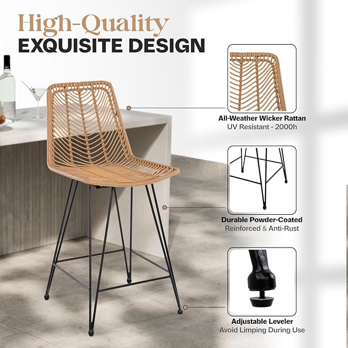 IDZO 400lbs Capacity Rattan Outdoor Counter Stools, 24" Tall, Set of 2, Comfort Cushion, Solid Steel Frame, Easy Assembly, Use for Outdoor & Indoor, Ideal for Patio & Kitchen Island