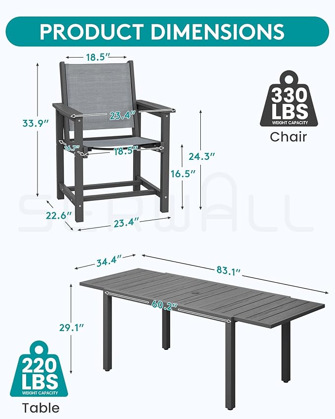 SERWALL 7-Piece Patio Dining Sets, 60" - 83" Expandable Outdoor Dining Table with 6 Breathable Textilene Chairs, All Weather HDPE Patio Furniture Set for Backyard, Garden, Grey