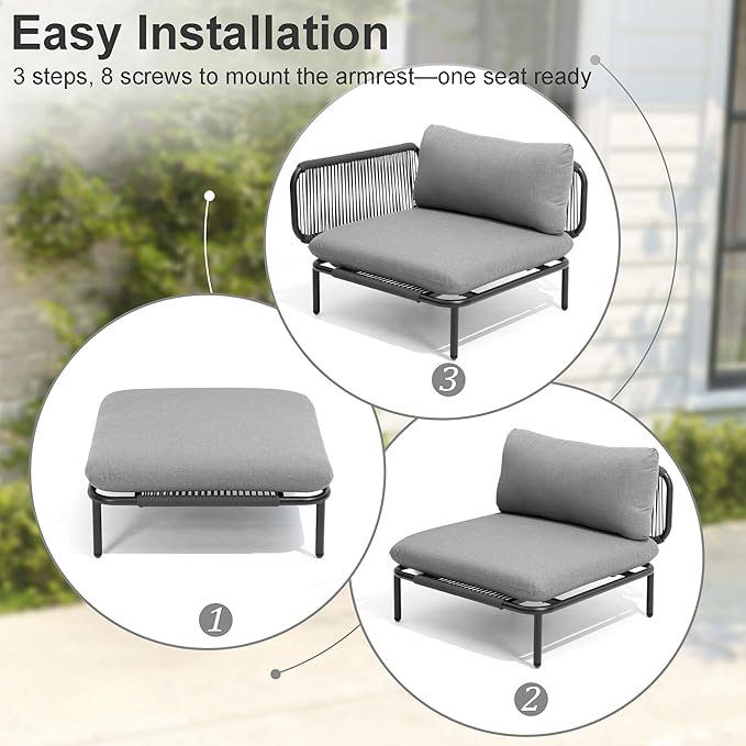 4 Piece Modern Outdoor Sectional Sofa, 31" Oversized Patio Furniture Set with Olefin Woven Rope, Weather-Resistant Metal Frame and Removable Cushion, Dark Grey