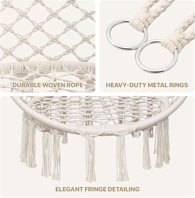 Monibloom Hanging Hammock Chair w/Large Comfy Cushion, Macrame Swing Chair Porch Hammock, Max 350 Lbs Capacity Hanging Swing for Adults & Teens, Backyard Hanging Chair for Relaxing Reading, White