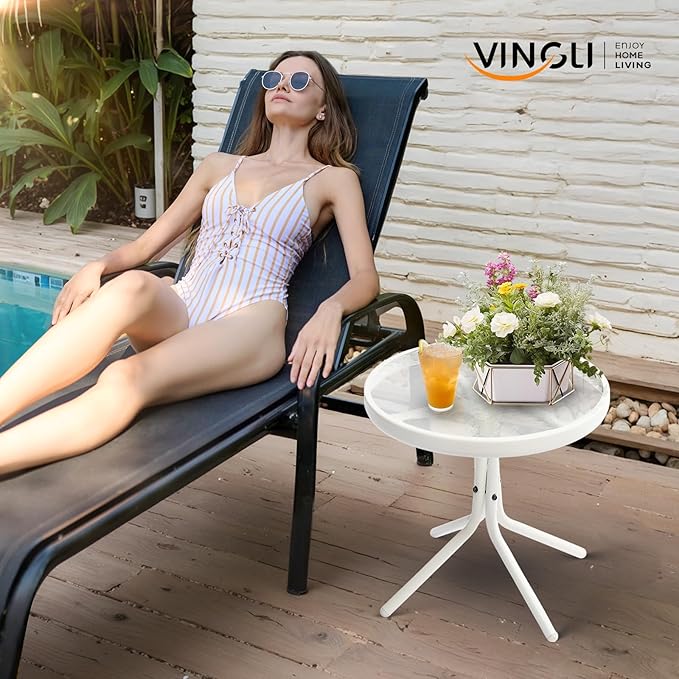 VINGLI Outdoor Side Table, 18" Patio Table Steel Frame Tempered Glass Top, Weatherproof Small Tables for Balcony Garden Poolside (White, Round)