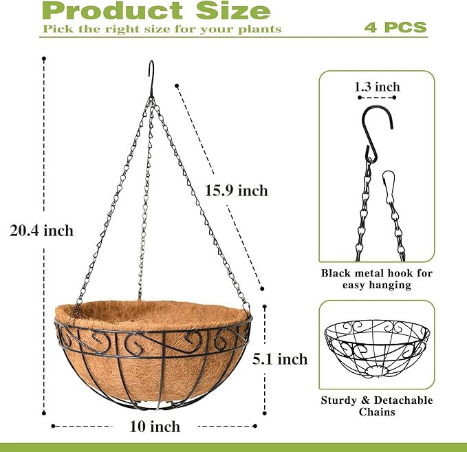 4 Pack 10 Inch Hanging Baskets for Plants Outdoor Metal Hanging Planter Hanging Flower Baskets with Coco Fiber Liners Chain Round Wire Plant Holder Hangings Flower Pots(Plaid)