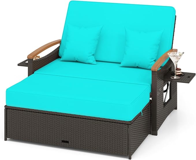Moccha Outdoor Wicker Daybed, Patio Rattan Loveseat Sofa w/ 4-Level Adjustable Backrest, Folding Panels, Storage Ottoman & Cushions, Lounge Furniture Set for Poolside Backyard Porch (Turquoise)